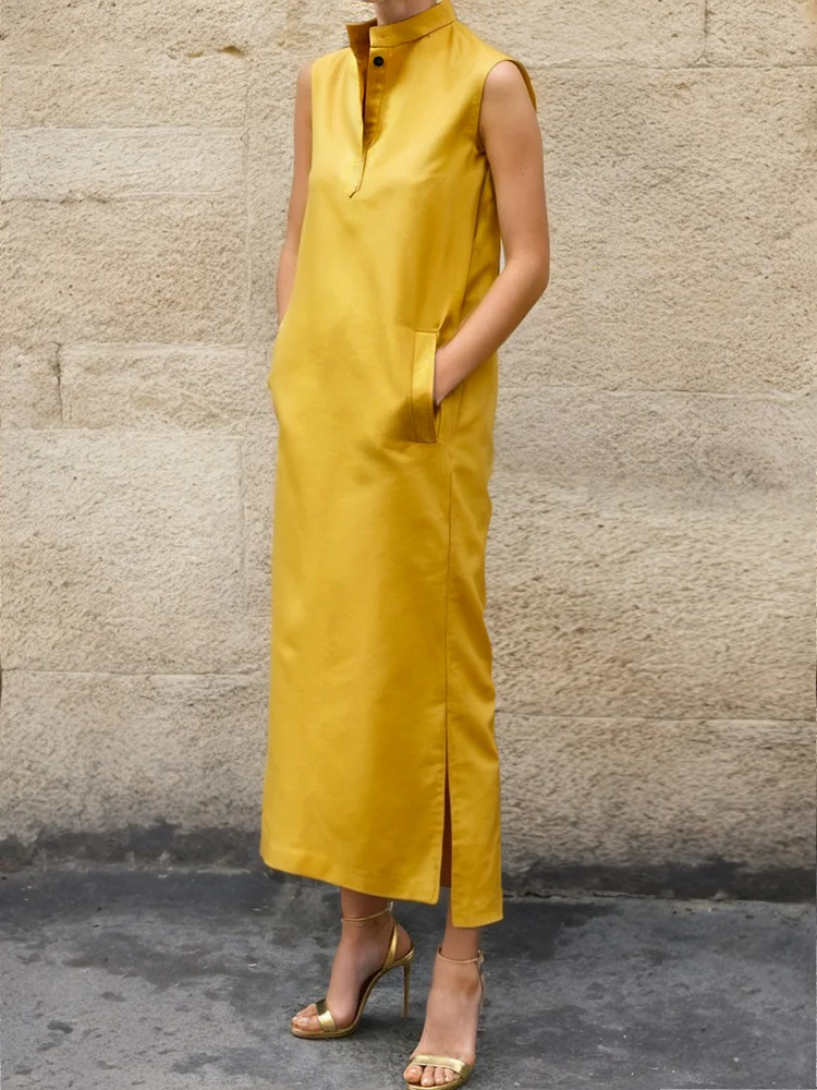Sleeveless Solid Color Split-Side Lapel Midi Dresses Shirt Dress