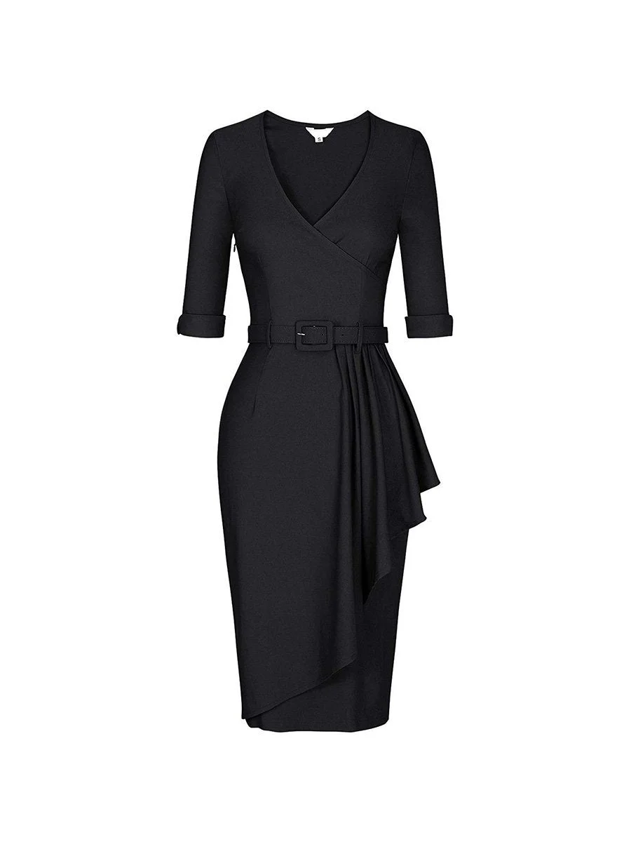 Ladies Dresses Solid Color V-neck Belt Waist Midi Pencil Dress