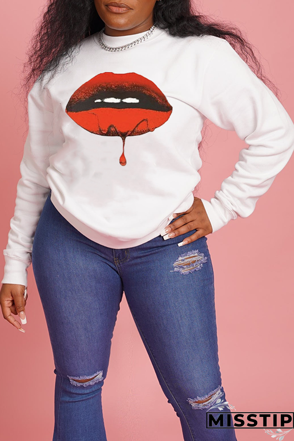 Black Street Vintage Lips Printed Patchwork O Neck Tops