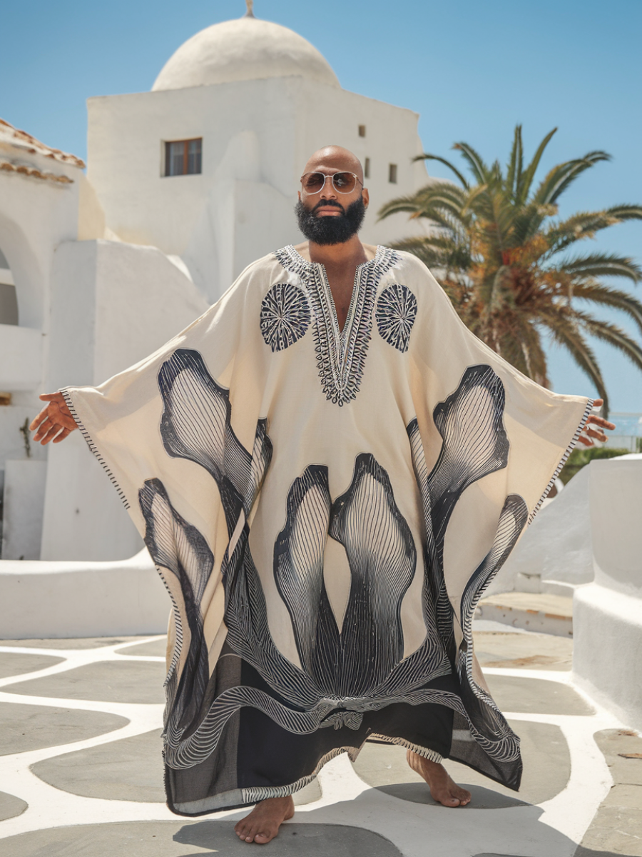 Men's Black Seagrass Polyester V-Neck Kaftan