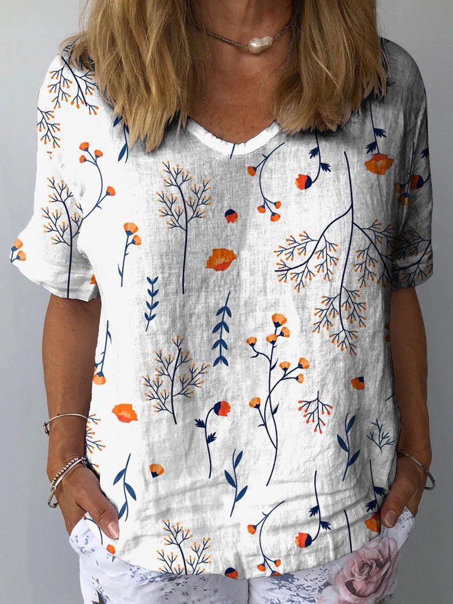 Small Orange Flowers Women's Print Casual Cotton And Linen Shirt