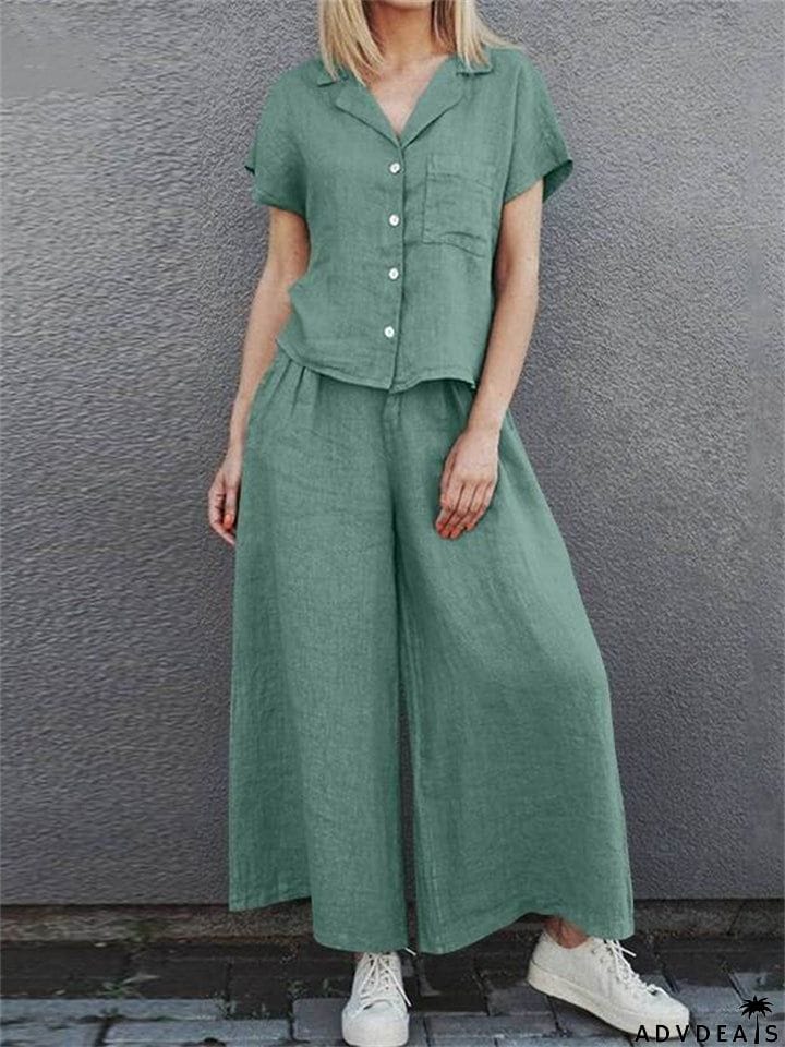 Women's Vintage Cotton Lapel Short Sleeve Shirt and Loose Pants