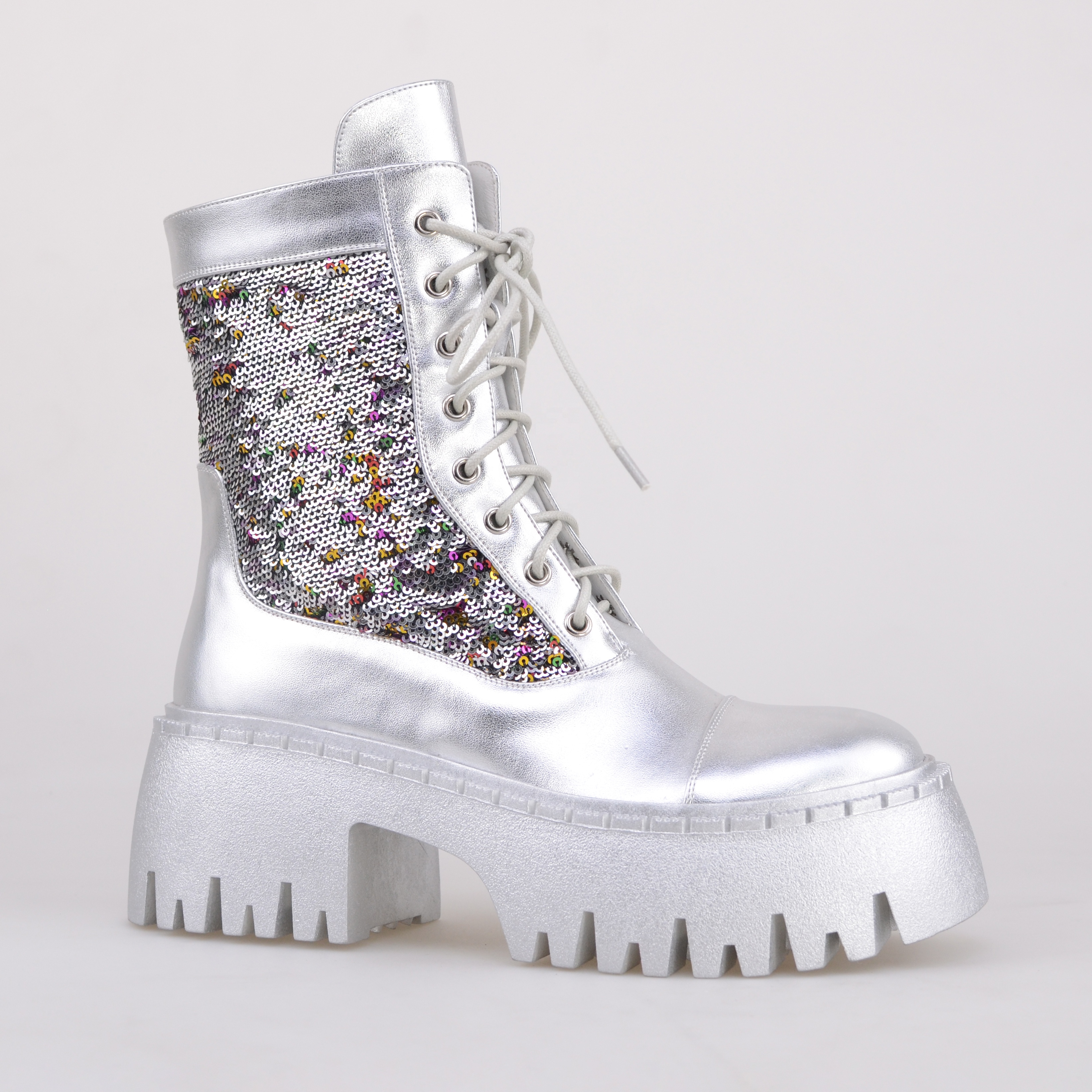 TAAFO Little Sequined Silver Low Heel Short Boots Chunky Heel Round Toe Ankle Boots