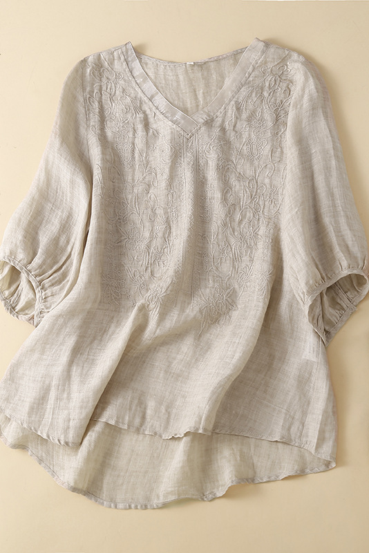 Summer Vintage Short Sleeve Shirt Embroidered Linen Tops