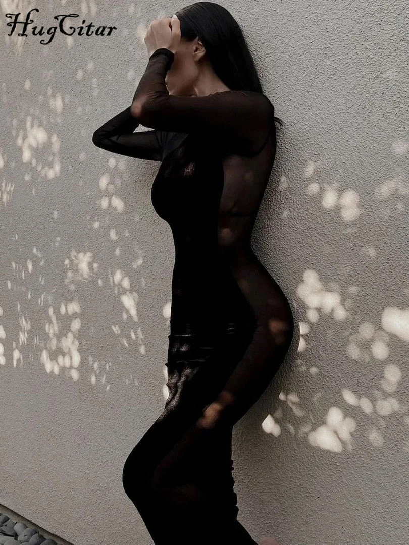 Hugcitar Solid Mesh Patchwork Long Sleeves See Through Bodycon Maxi Dress 2021 Fall Winter Women Outfits Party Club Y2K