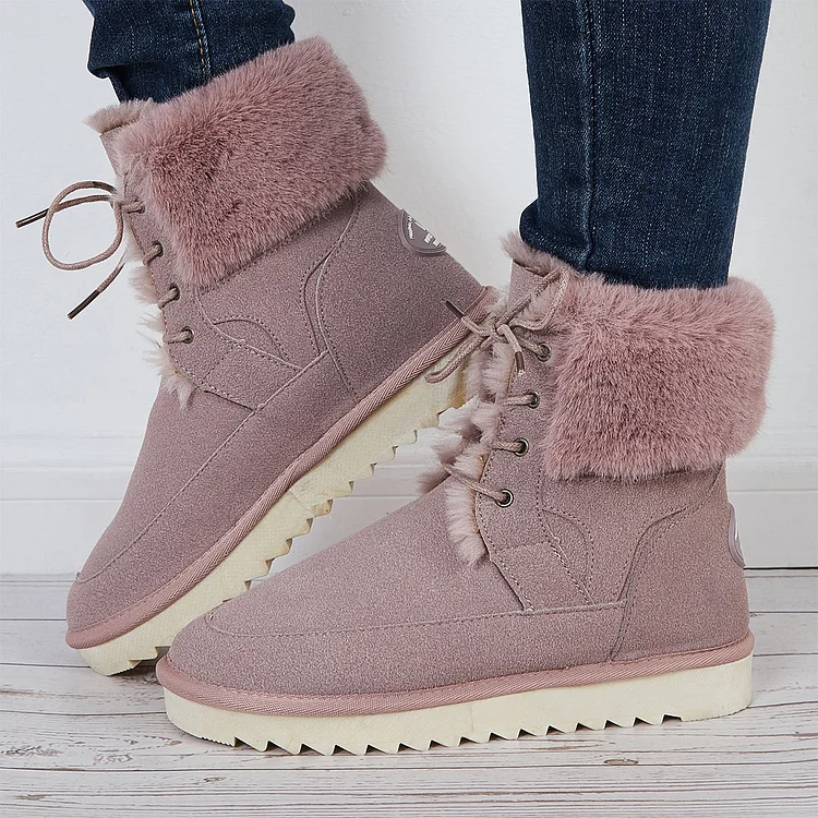Warm Fur Lined Snow Boots Lace Up Chunky Low Heel Ankle Booties