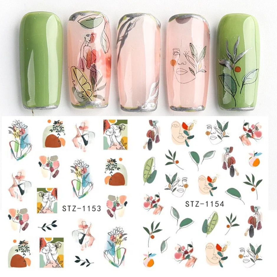 Nail Stickers Water Transfer Sketchs Lady Flower Leaves Designs 4Pcs/Set Nail Decal Decoration Tips For Beauty Salons-Nail Inspo