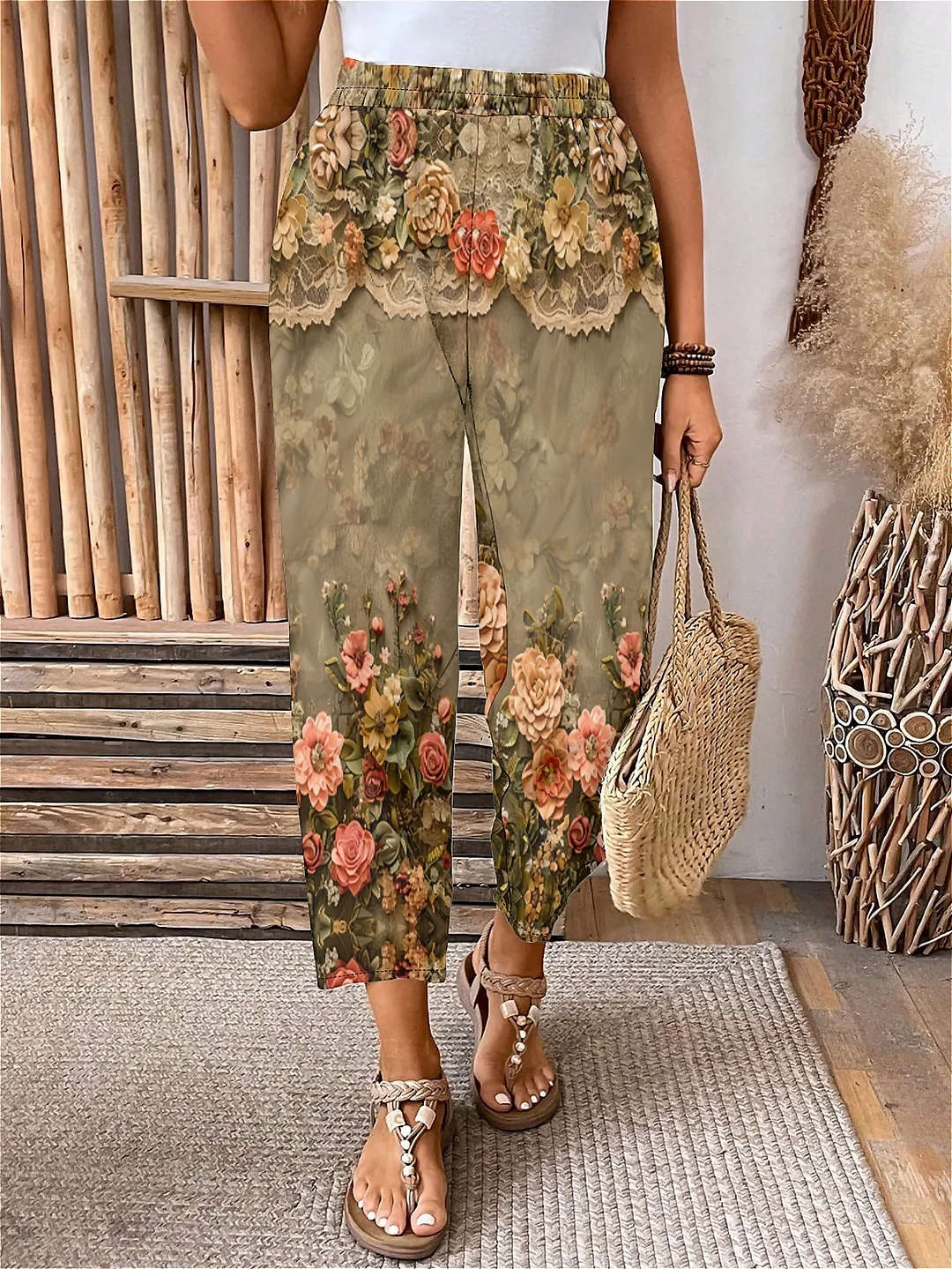 Plus Size Elastic Waist Khaki,Floral,Bohemian Printed Pants