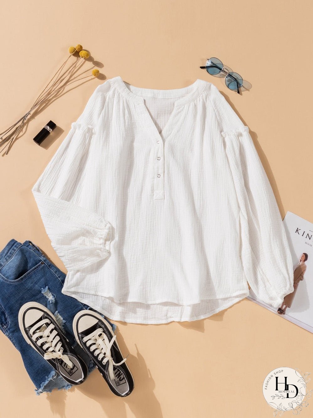 White Crinkled Casual Top with Balloon Sleeves