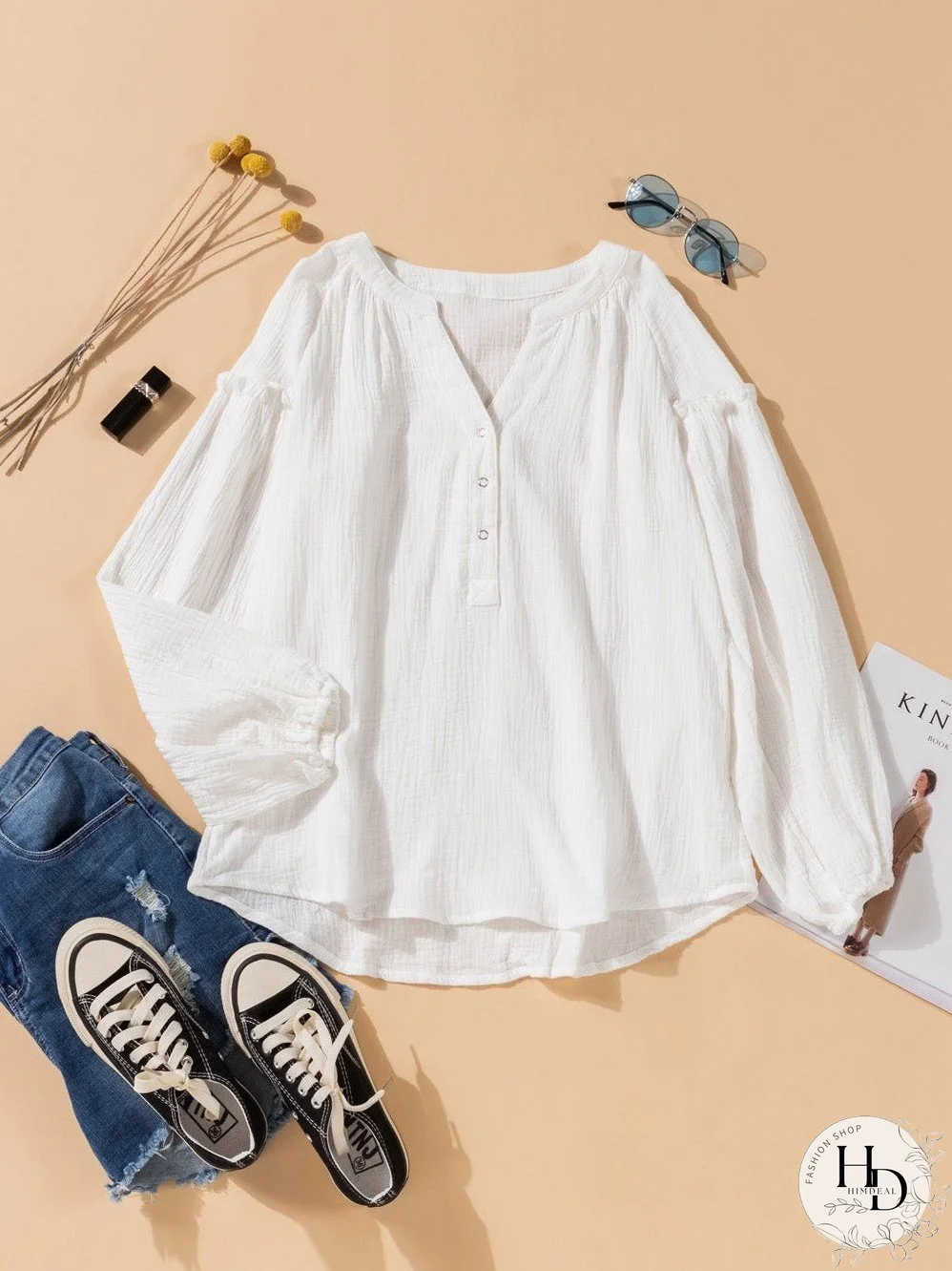 White Crinkled Casual Top with Balloon Sleeves