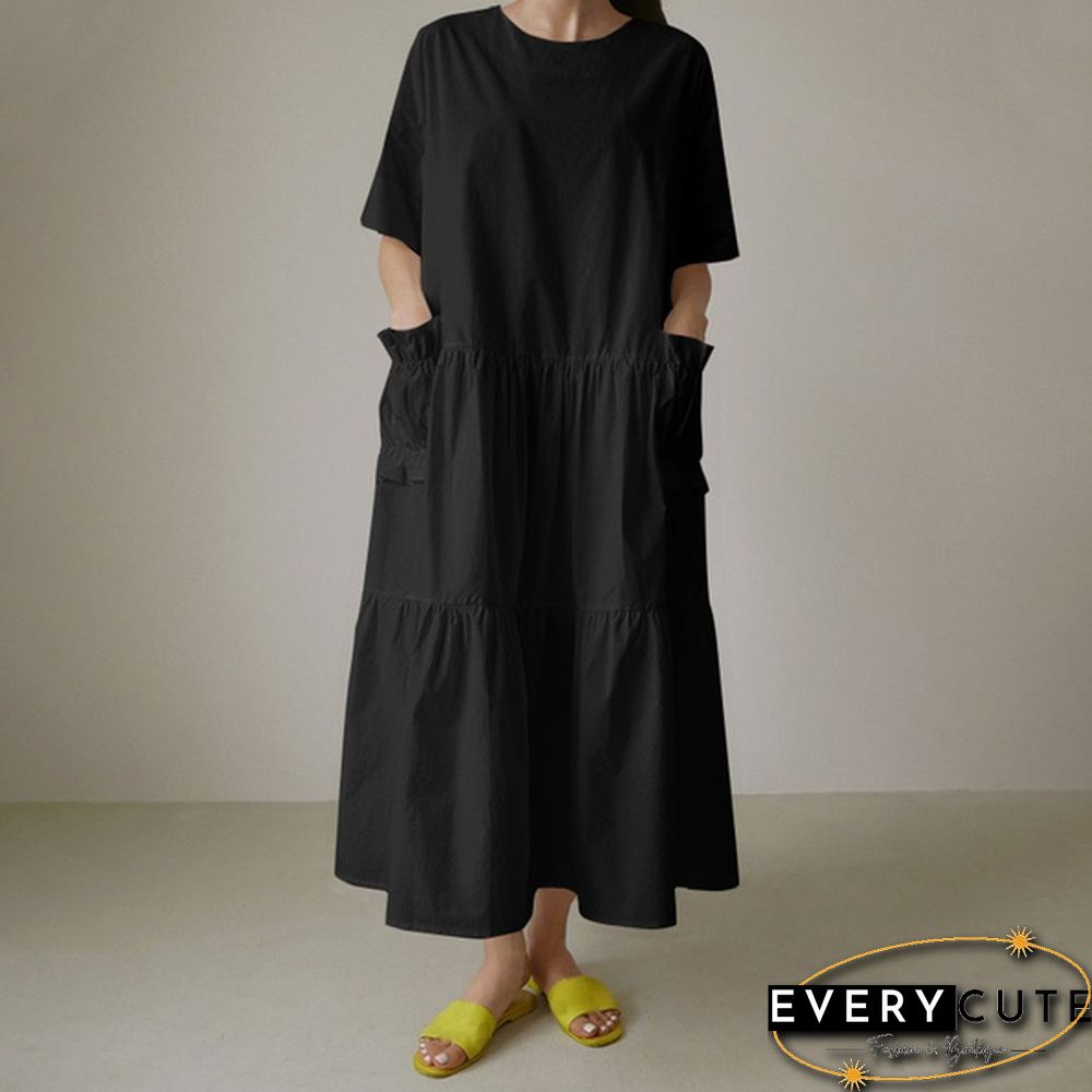 Women Summer Short Sleeved Ruffled Hem Casual Loose Long Dress Solid Color Dresses
