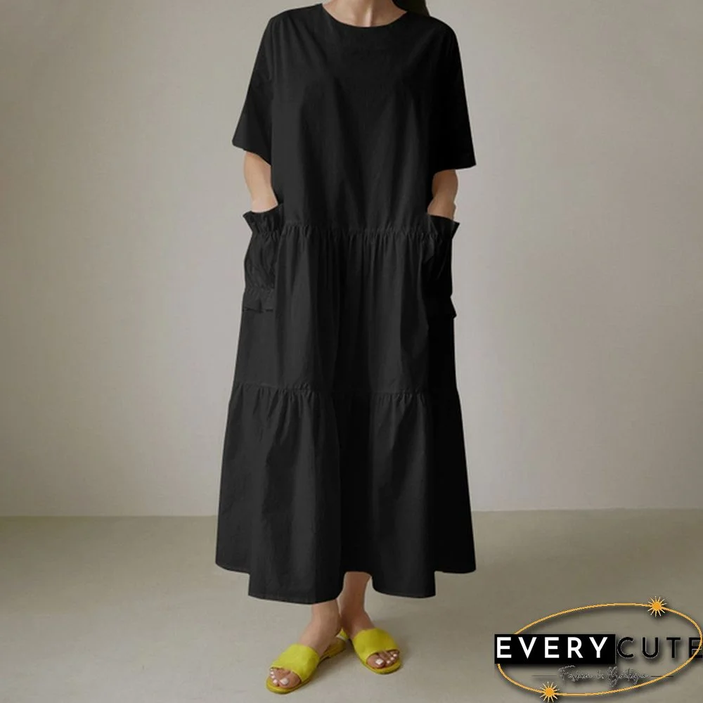 Women Summer Short Sleeved Ruffled Hem Casual Loose Long Dress Solid Color Dresses