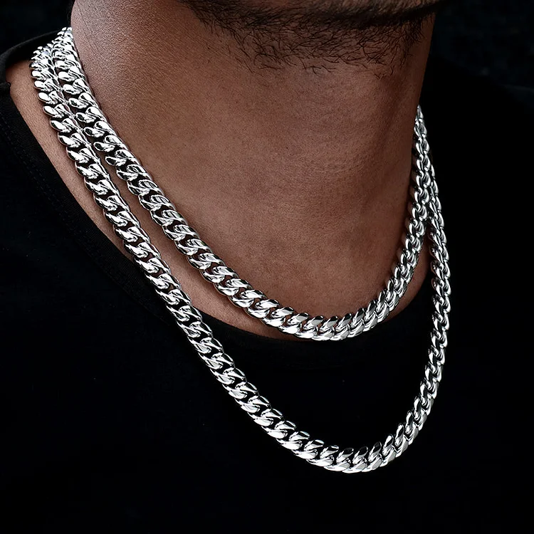 10MM 18K White Gold Plated Mens Copper Miami Cuban Link Chain