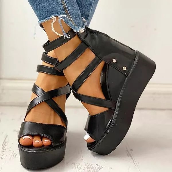 Women's Platform Roman Style Sandals Ladies Wedge High Heels Zip Up Shoes
