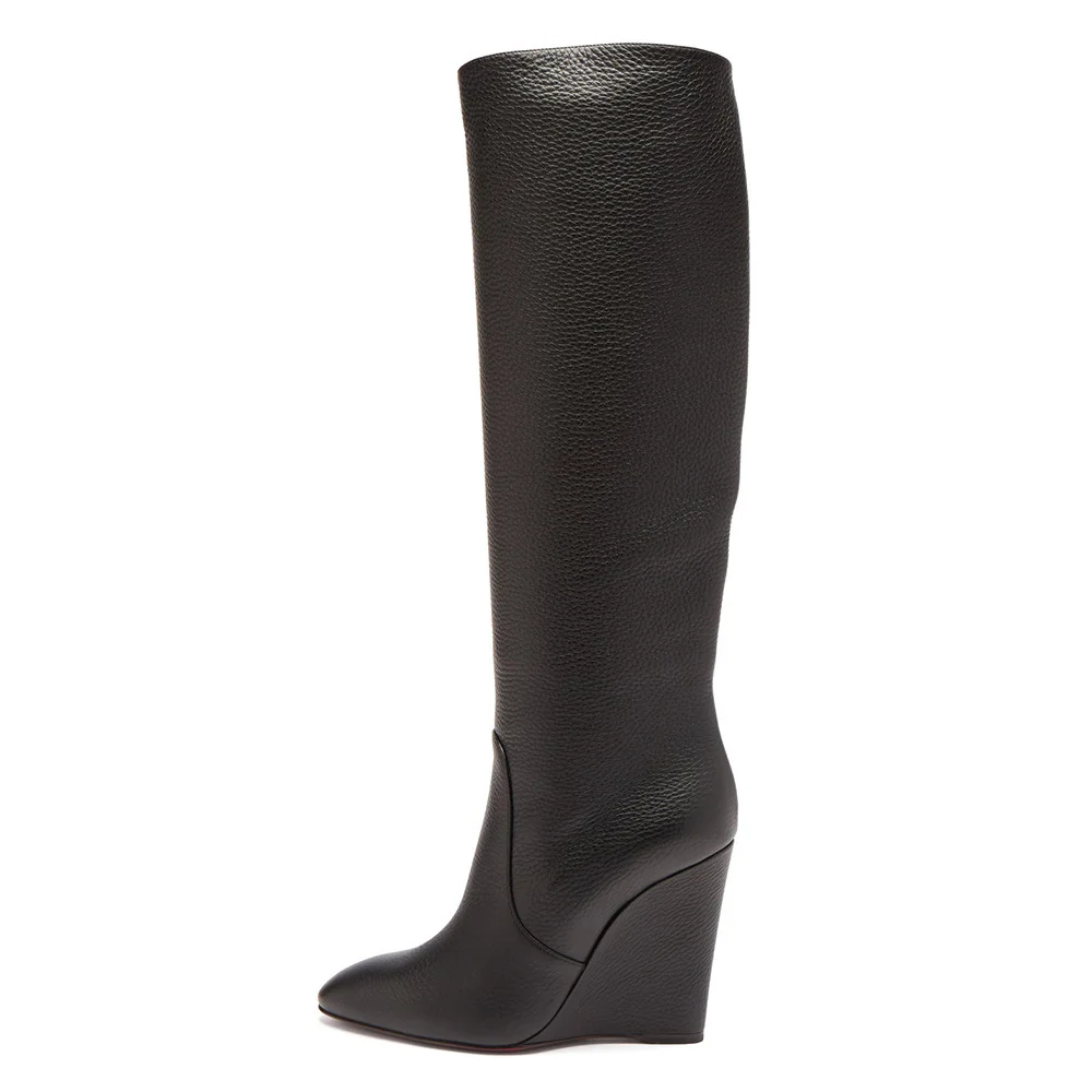Women's Black Plus Size Fashion Sexy Wedge Heel Knee High Heel Length Black Leather Boots Novameme