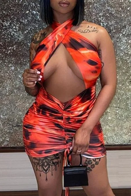 Red Fashion Sexy Print Hollowed Out Backless Halter Sleeveless Dress | EGEMISS