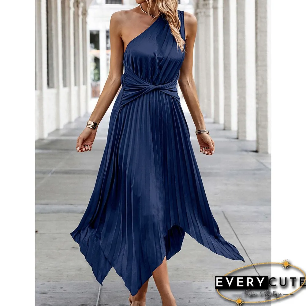 Navy Blue One Shoulder Irregular Pleat Casual Dress