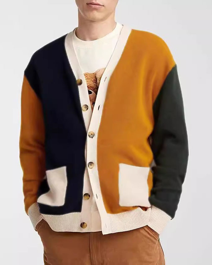 Men's Colorblock V-Neck Cardigan Sweater Jacket