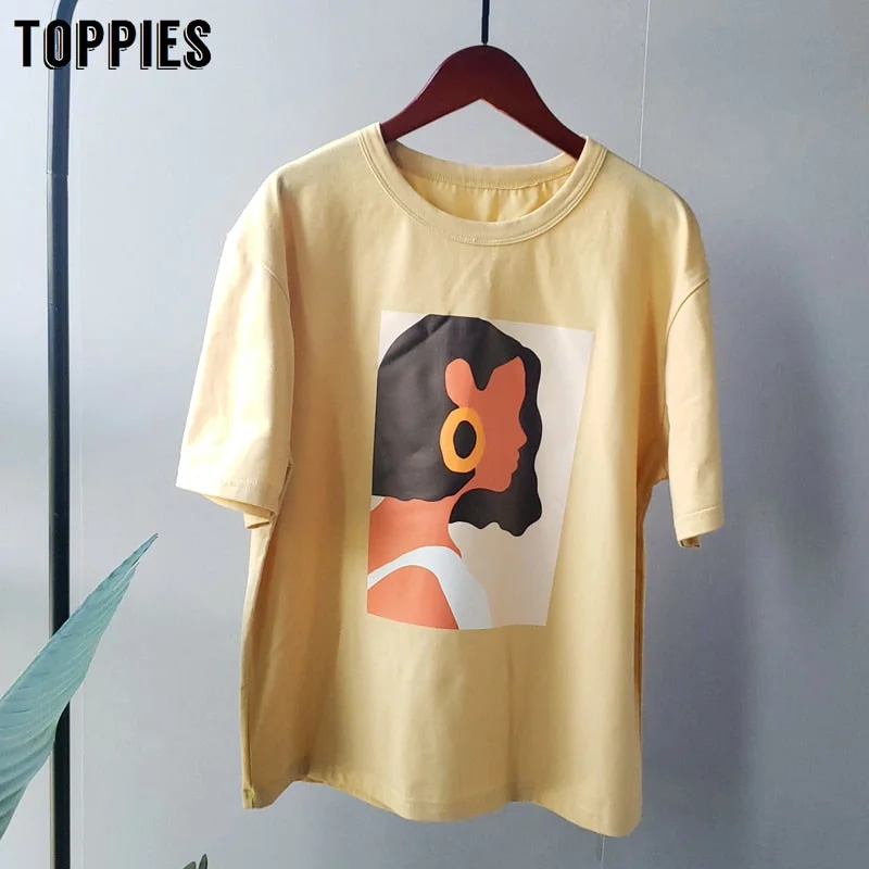Toppies 2021 summer character t-shirts fashion girls tops short sleeve printing t-shirts Korean women clothes 95% cotton