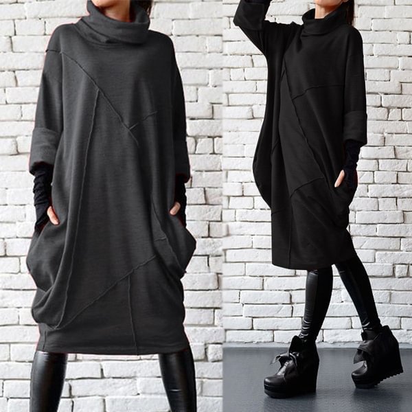Zanzea Damen Rollkragen Langarm Kleid Patchwork Lang Lose Outwear Pulloverkleid S-5Xl - BlackFridayBuys
