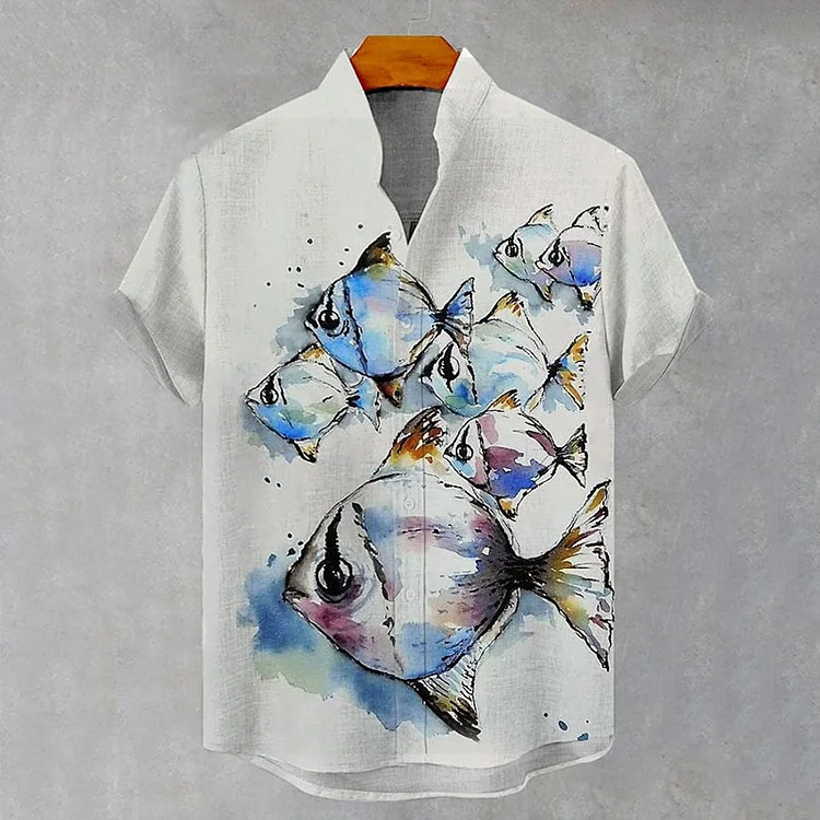 Men'S Simple Watercolor Style Fish Print Casual Short Sleeve Shirt