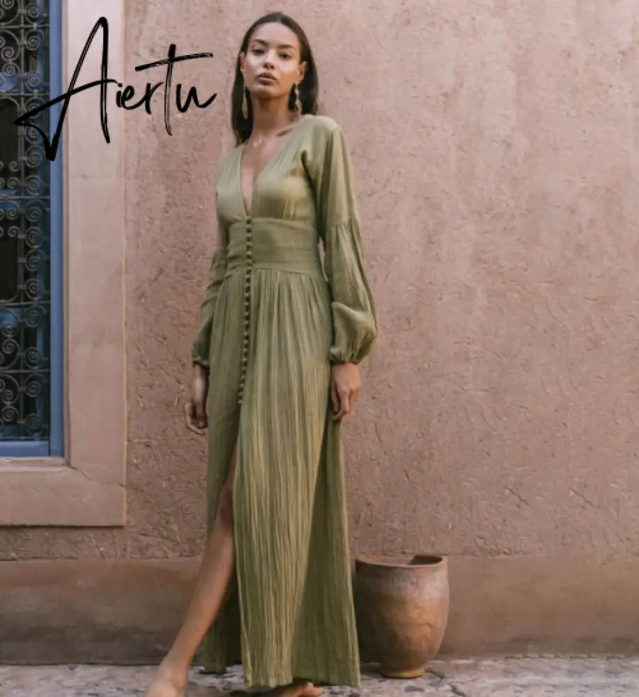 Aiertu  Spring Women Boho Dress French Style Romance V Neck Single-breasted Long Sleeve Maxi Dress Bohemian Holiday Clothes Aiertu