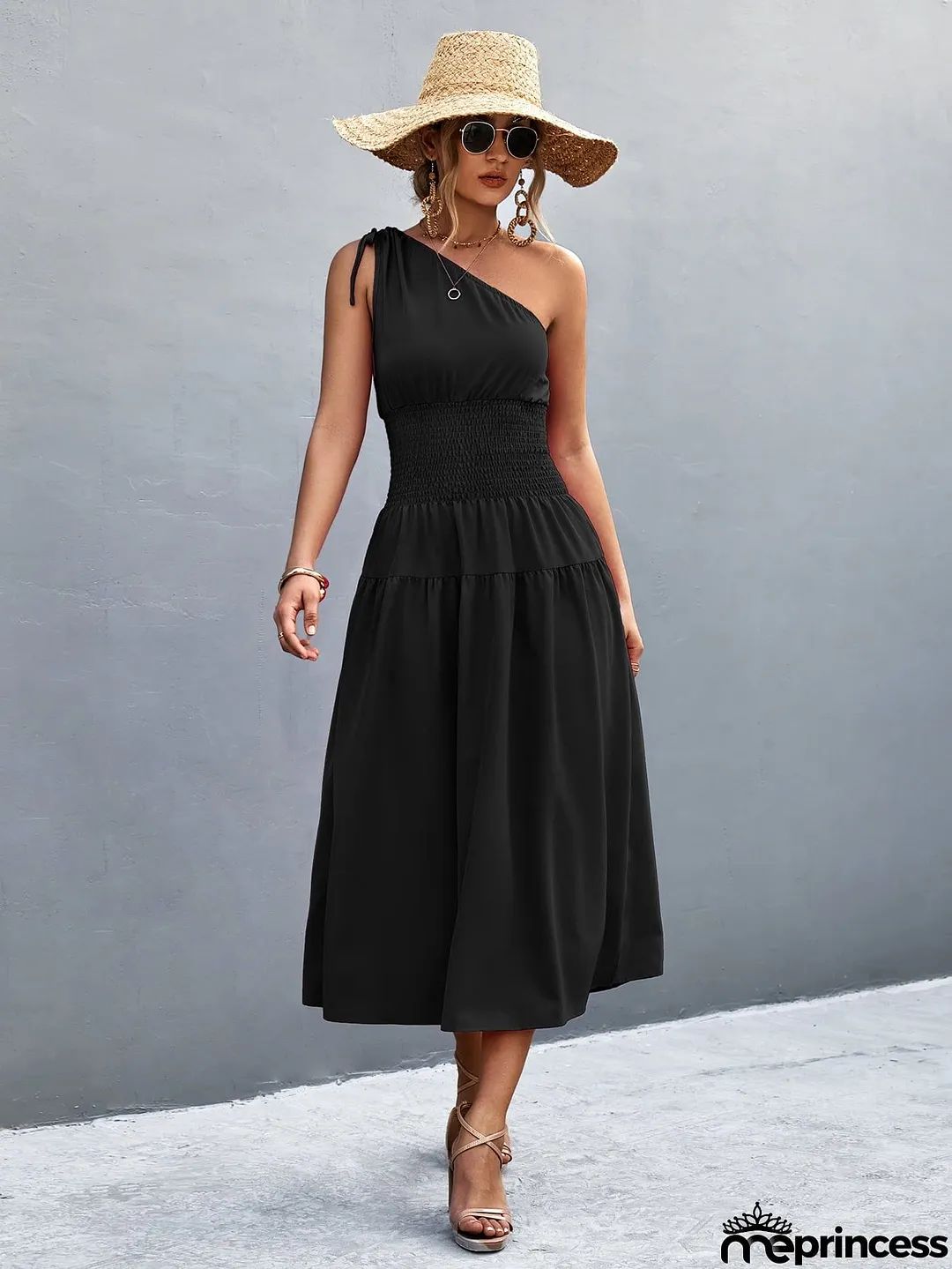 Asymmetrical One Shoulder Smocked Waist Midi Dress