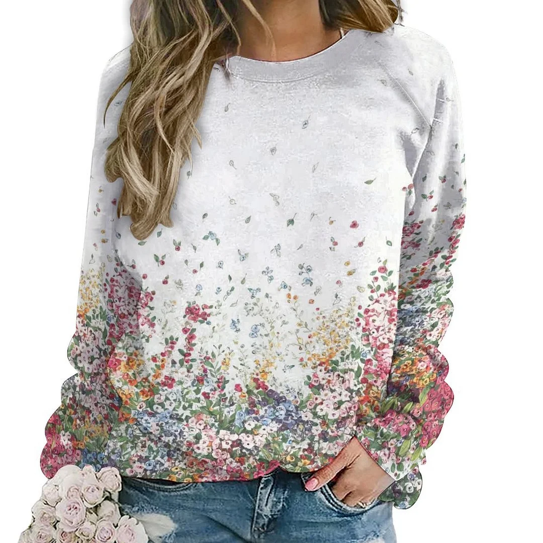 Printed Long Sleeve Casual Sweatshirt for  Women and Men Unisex Pattern Floral, Green, Red