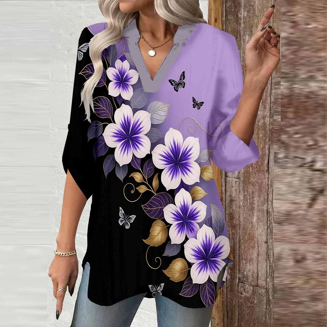 Women Floral,Purple,Gold DZGA0799 3/4 Sleeve V-neck Printed Graphic Button Tops