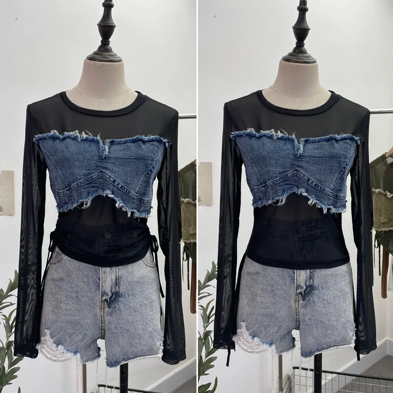 Uveng Vintage Spice Girls Stomee Net Yarn Sexy Perspective Drawstring Long-Sleeved T-Shirt Top 2630