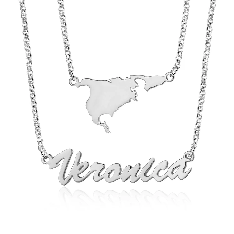 Personalized North America Continent Map Pendant Necklace Engraved with 1 Name