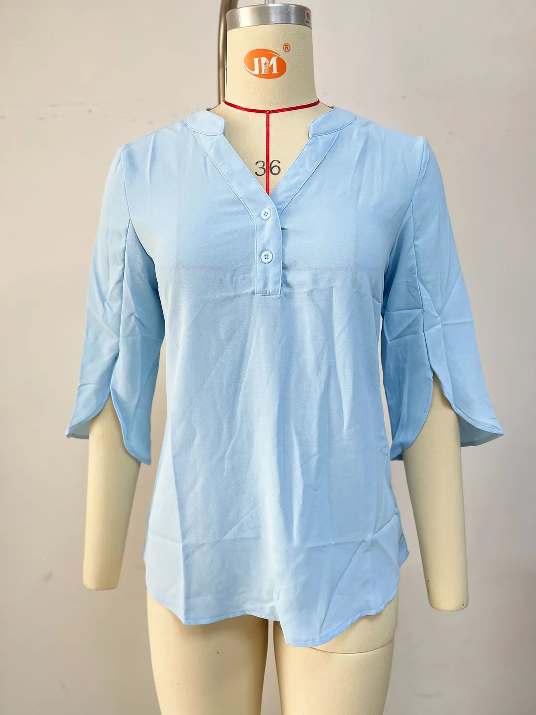 Churchf Churchf / Summer 2024 New V-Neck Button Middle Sleeve Solid Color Casual T-Shirt Chiffon
