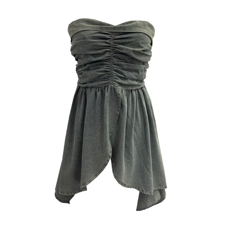 Uveng Real Shooting Niche Hottie Sexy Breast-Wearing Waist Folded Open Fork Water Washing Denim Wrapped Breastless Sleeveless Top 2636