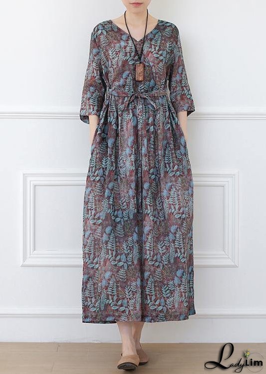Casual Print Linen Dress V Neck Half Sleeve Spring Dress