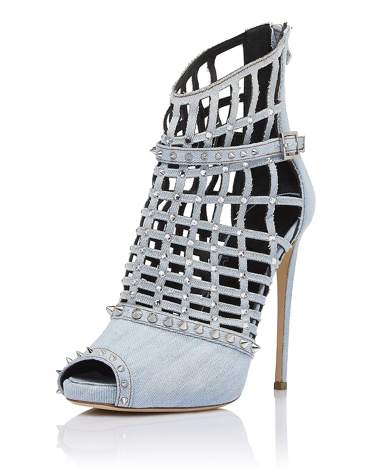 Denim Boots Rivets and Rhinestone Peep Toe Stiletto Heel Ankle Booties |FSJ Shoes