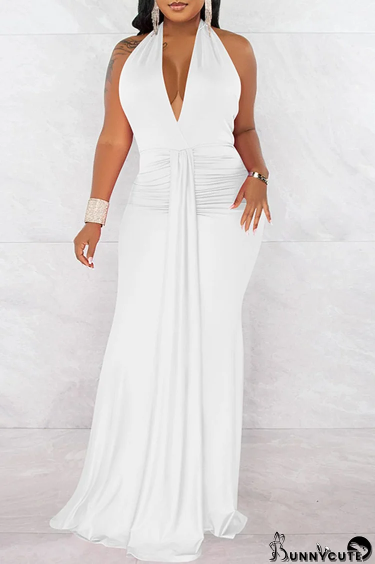 White Fashion Sexy Solid Bandage Patchwork Backless Fold Halter Long Dress