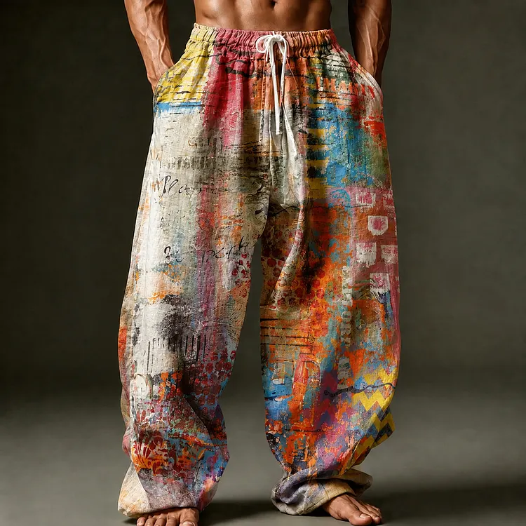 Men's Retro Abstract Geometric Art Print Straight Leg Casual Pants