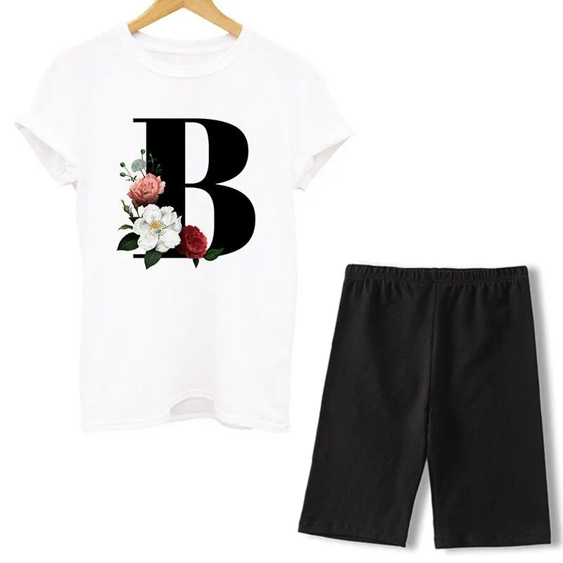 Women Two Piece Set Letter T Shirts And Shorts Sets Summer Short Sleeve O-neck Casual Biker Tracksuit Sexy Outfit For Woman 2