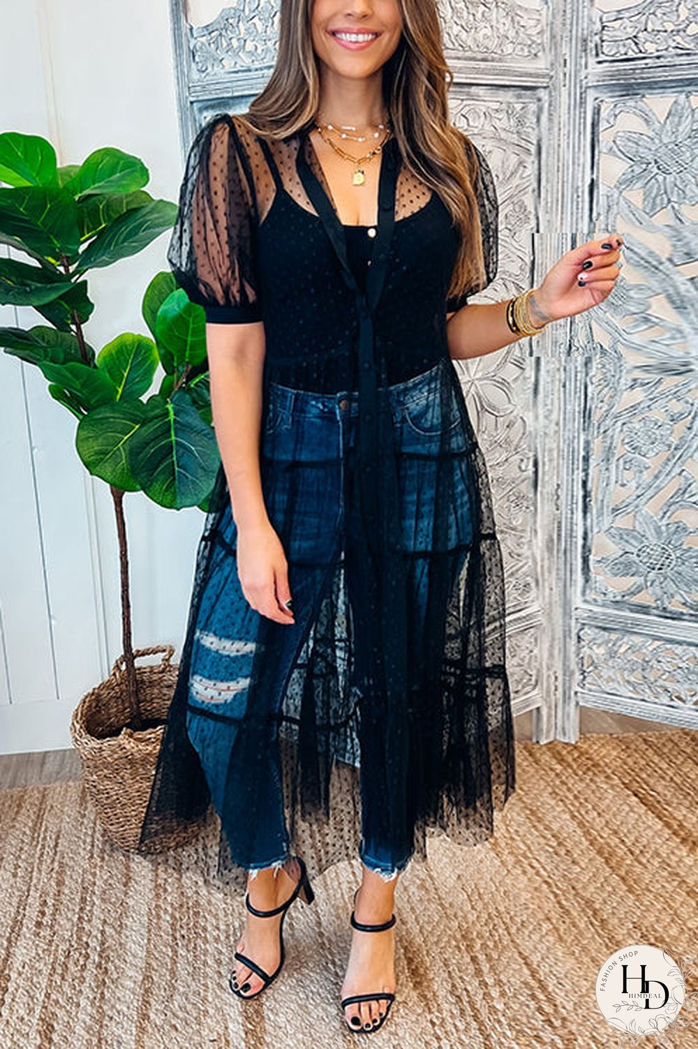 Polka Dot Button Up Short Sleeve Coat