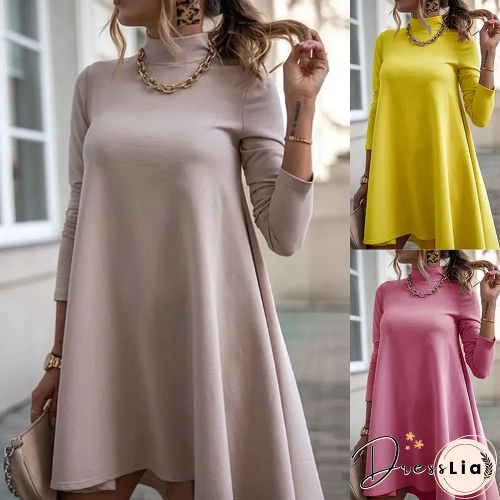 Solid Color Long Sleeve Turtleneck Loose Dress