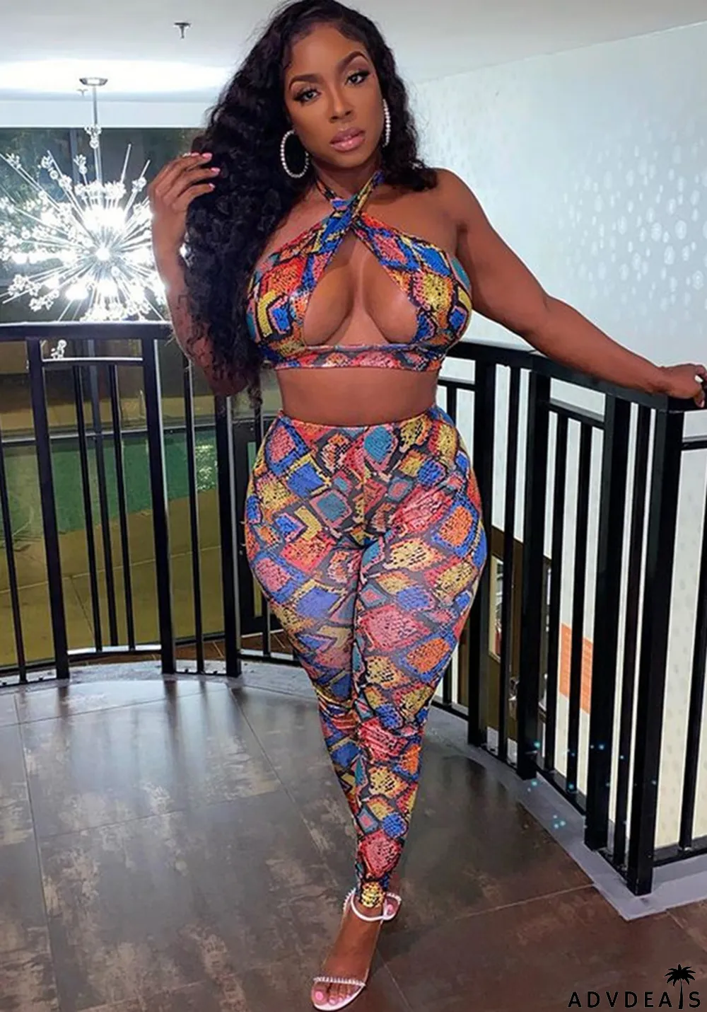 Ladies' Fashion Print Halter Neck Low Back Career Sexy Two-Piece Suit