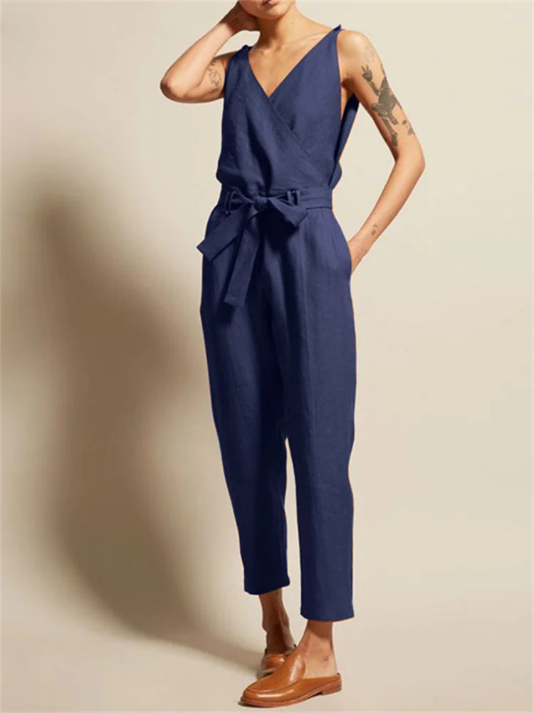 V Neck Wrap Tied Casual Jumpsuit