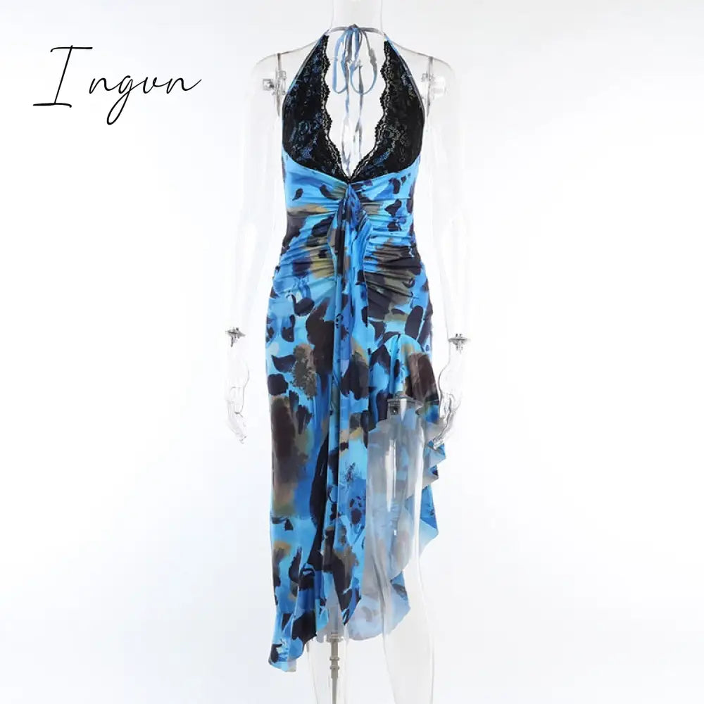 Ingvn - Lace Patchwork Deep V Neck Print Maxi Dress Women Gown Summer New Sleeveless Backless