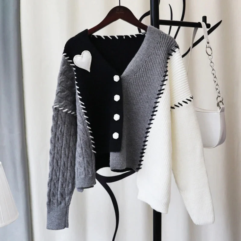 Cozy Love Heart Patchwork Design Knitted Cardigan Sweaters