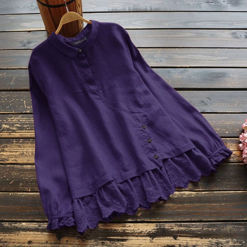ZANZEA Women Lace Patchwork Blouse Vintage Long Sleeve Ruffles Shirt Spring Cotton Linen Blusas Loose Solid Tunic Tops Chemise