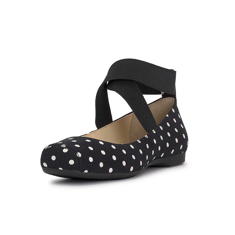Black Square Toe Stretchy Crisscross Strap Ballet Flats with Polka Dot Nicepairs