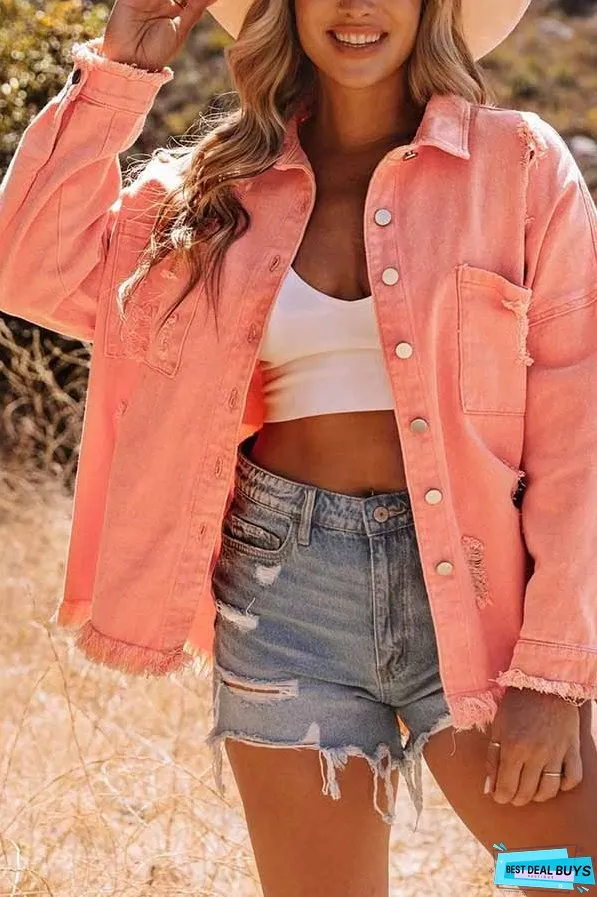 Distressed Raw Hem Denim Jacket with Chest Pockets