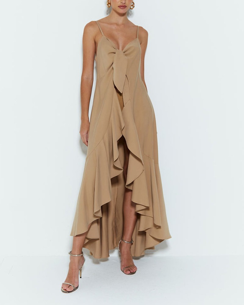 Elegant Solid Color Ruffled Lace-Up Dress