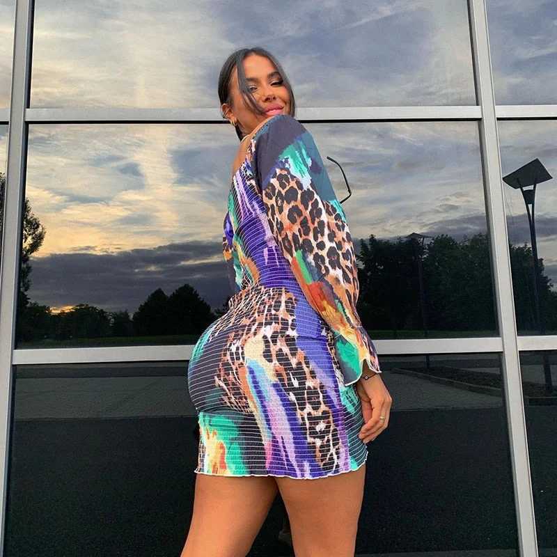 BIIKPIIK Leopard Print Shirring Mini Dress Elegant Sexy Slash Neck Long Sleeve Dress Women Bodycon Party Clubwear Outfits Casual