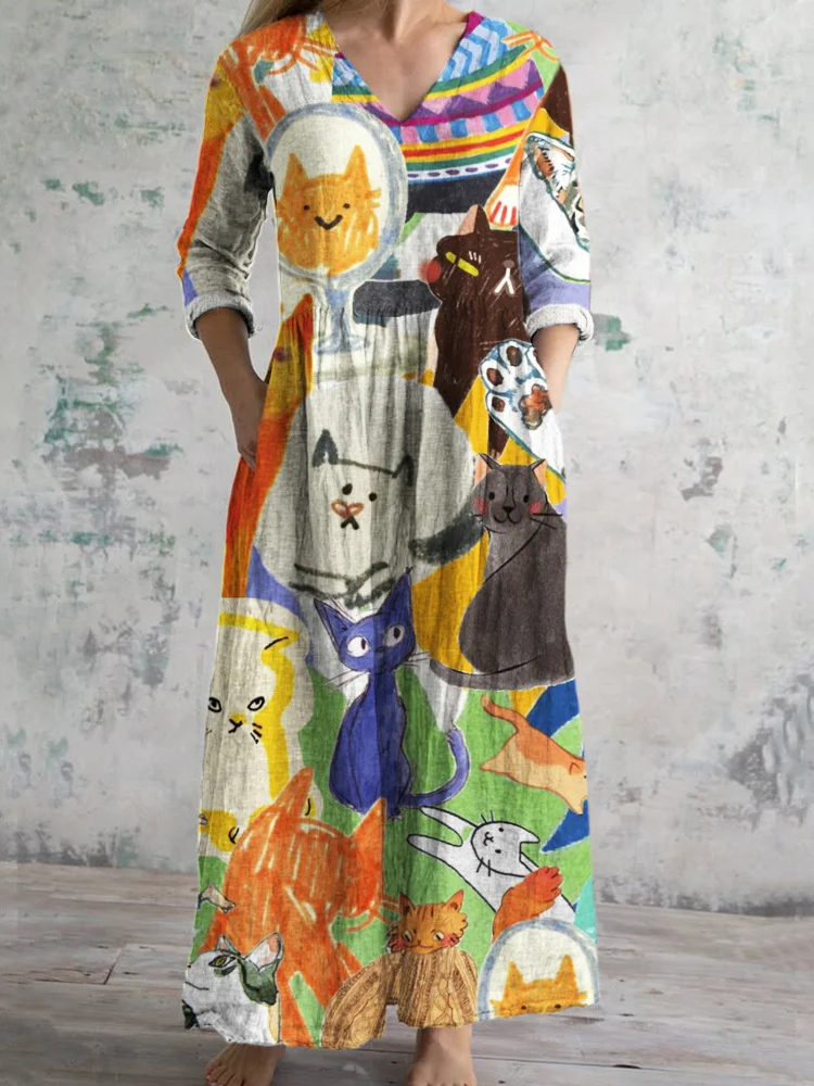 Cat Graffiti Art Women's V-neck Linen Maxi Dress